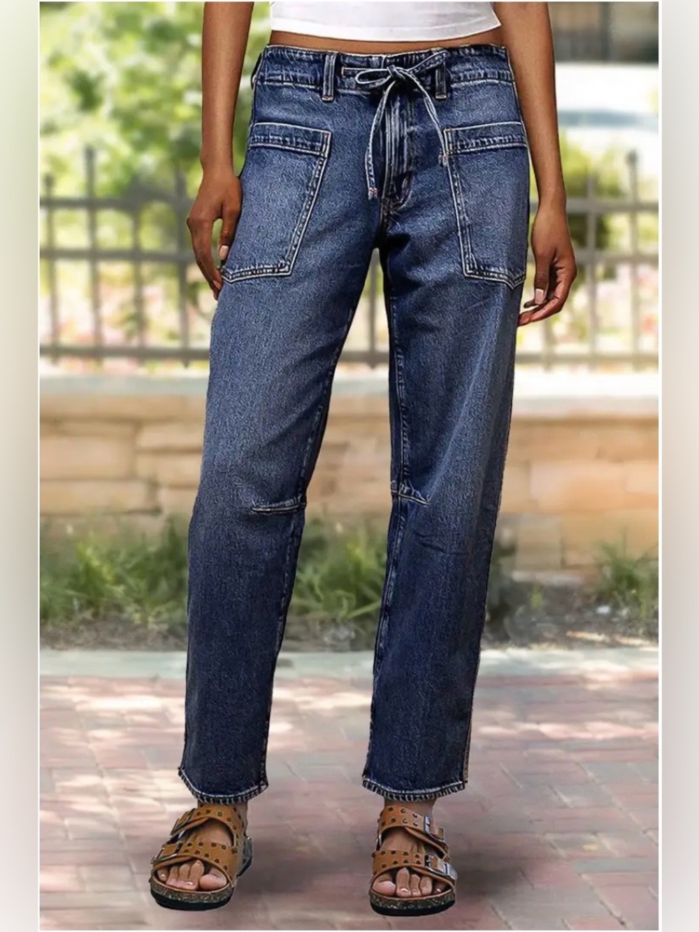 Flamingals Drawstring Wash Stitch Detail Mid Waist Barrel Leg Crop Jeans